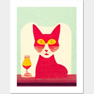 Red Bartender Cat Retro Poster Vintage Art Booze Wall Green Pink Illustration Posters and Art